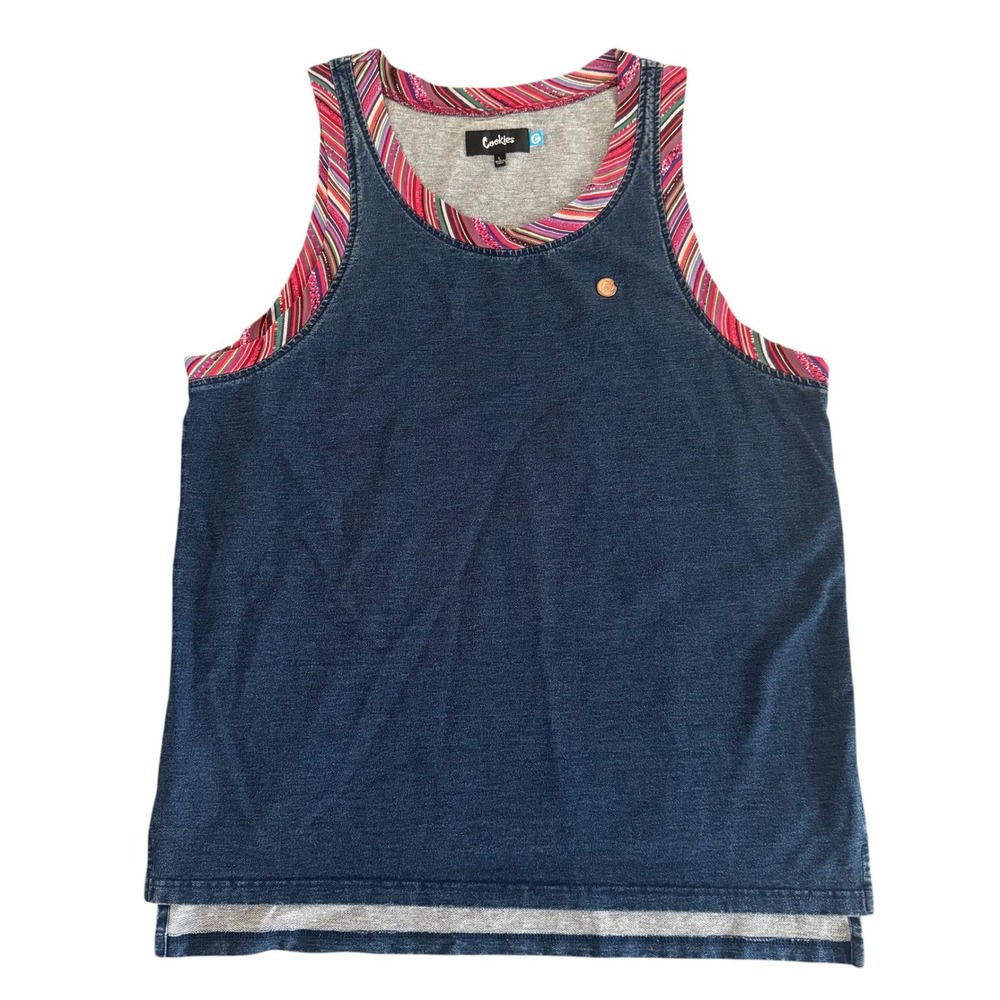 Cookies Large Blue Striped Trim Layered Look Mens Streetwear Tank Top